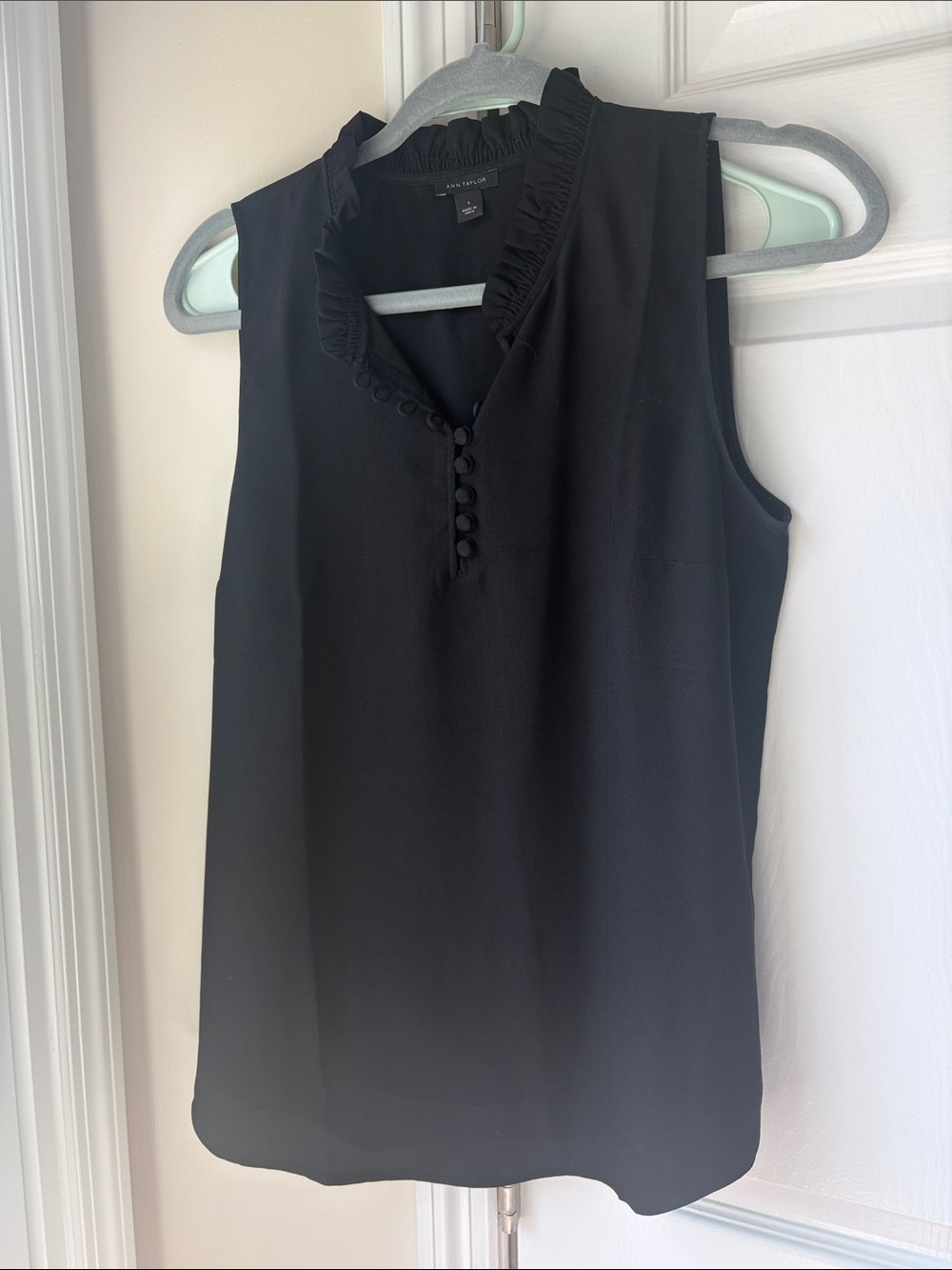 Ann Taylor Black Ruffle-Trim Sleeveless V-Neck Shell
